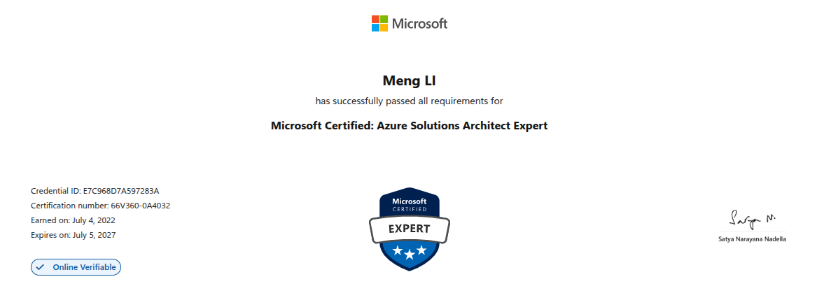 Microsoft Certified: Azure Solutions Architect Expert certificate