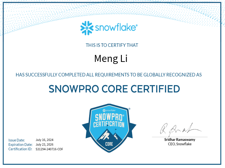 SnowPro Core Certified certificate