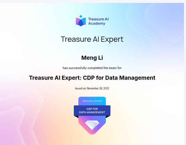 Treasure AI Expert: CDP for Data Management certificate